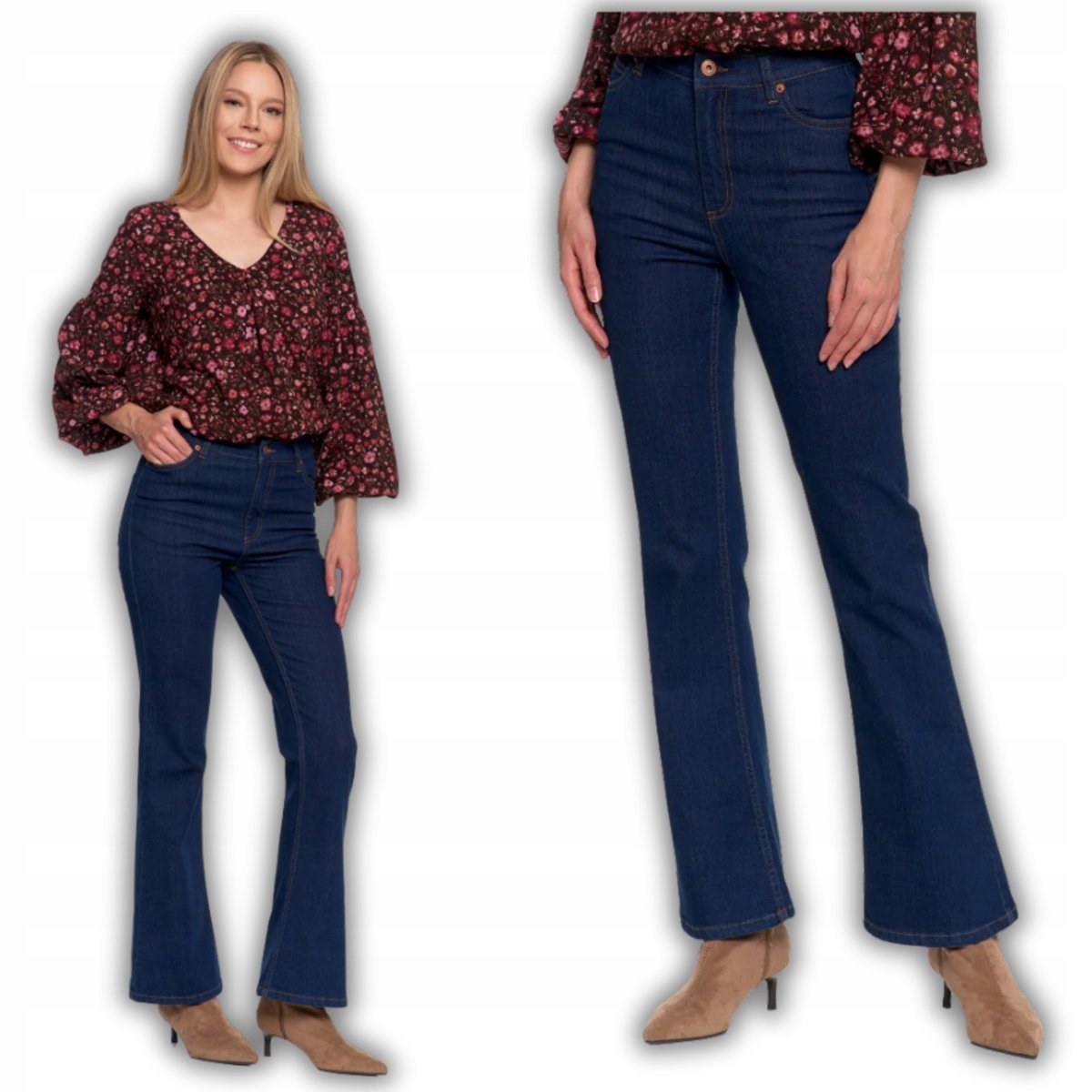 Spodnie Jeansowe Damskie Jeansy Dzwony Wysoki Stan Komfortowe Moraj M Navy