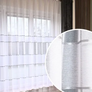 Długa gotowa firana na taśmie marszczącej do salonu ze wzorem pasowym, kolor biały ze srebrzystym zdobieniem, 300x250 cm - Firany - miniaturka - grafika 1