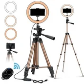 Selfie stick - Lampa LED Ring Light Kit 10" 26cm do zdjęć statyw uchwyt na telefon tripod (Brown Gold) - miniaturka - grafika 1
