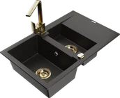 Zlewozmywaki z baterią - Mexen Gaspar zlewozmywak granitowy 1,5-komorowy z ociekaczem i baterią kuchenną Rita, czarny/złoty  - 6507-75-670300-50 - miniaturka - grafika 1