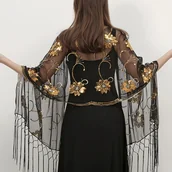 Inne - TEMU Plus Size Elegancki Złoty Szal z Cekinami i Frędzlami dla Kobiet - Lekki, Półprzezroczysty Poliestrowy Wieczorowy Owijacz na Wesela, Galę - miniaturka - grafika 1