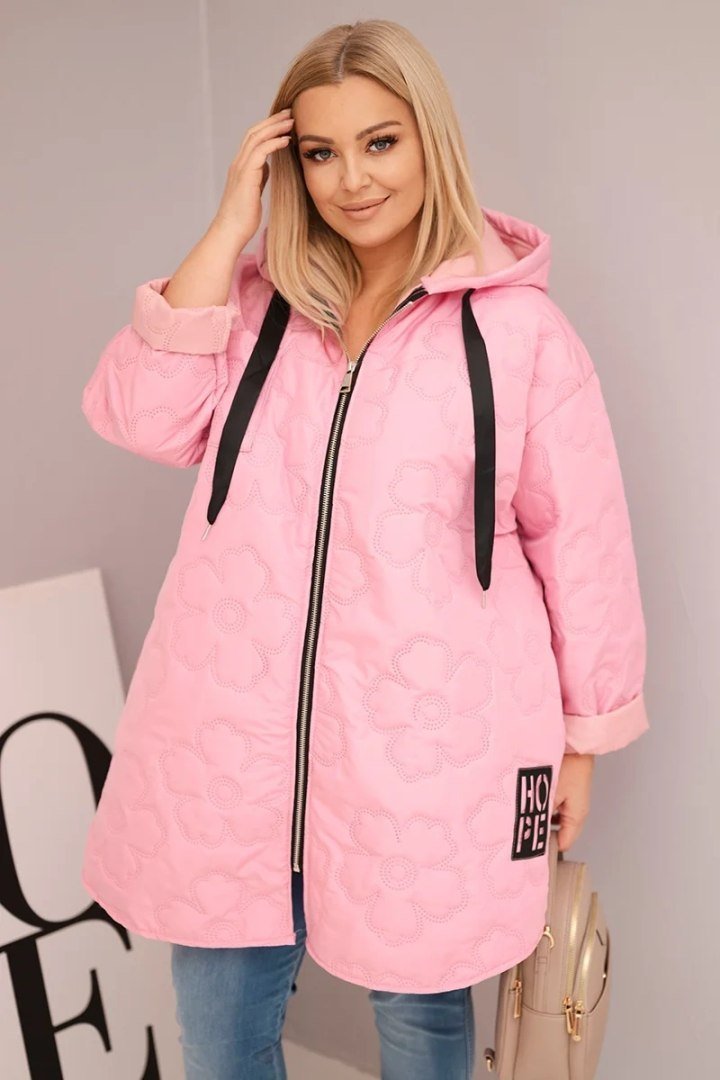 Kurtka damska Plus Size pikowana z kapturem i napisem HOPE cukierkowy róż