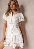Sukienki - Biała Koronkowa Sukienka Mini z Falbankami i Materiałowym Paskiem Mivan - miniaturka - grafika 1