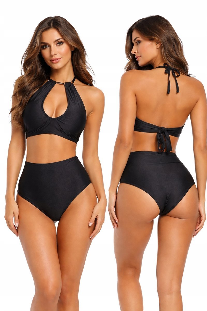 SEXY CZARNY STRÓJ KĄPIELOWY DAMSKI – WYSOKI STAN, MODELUJĄCY, HALTER