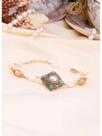 Bransoletki - L'Atelier de Gaia Pozłacana bransoletka z perłami i turkusami - miniaturka - grafika 1