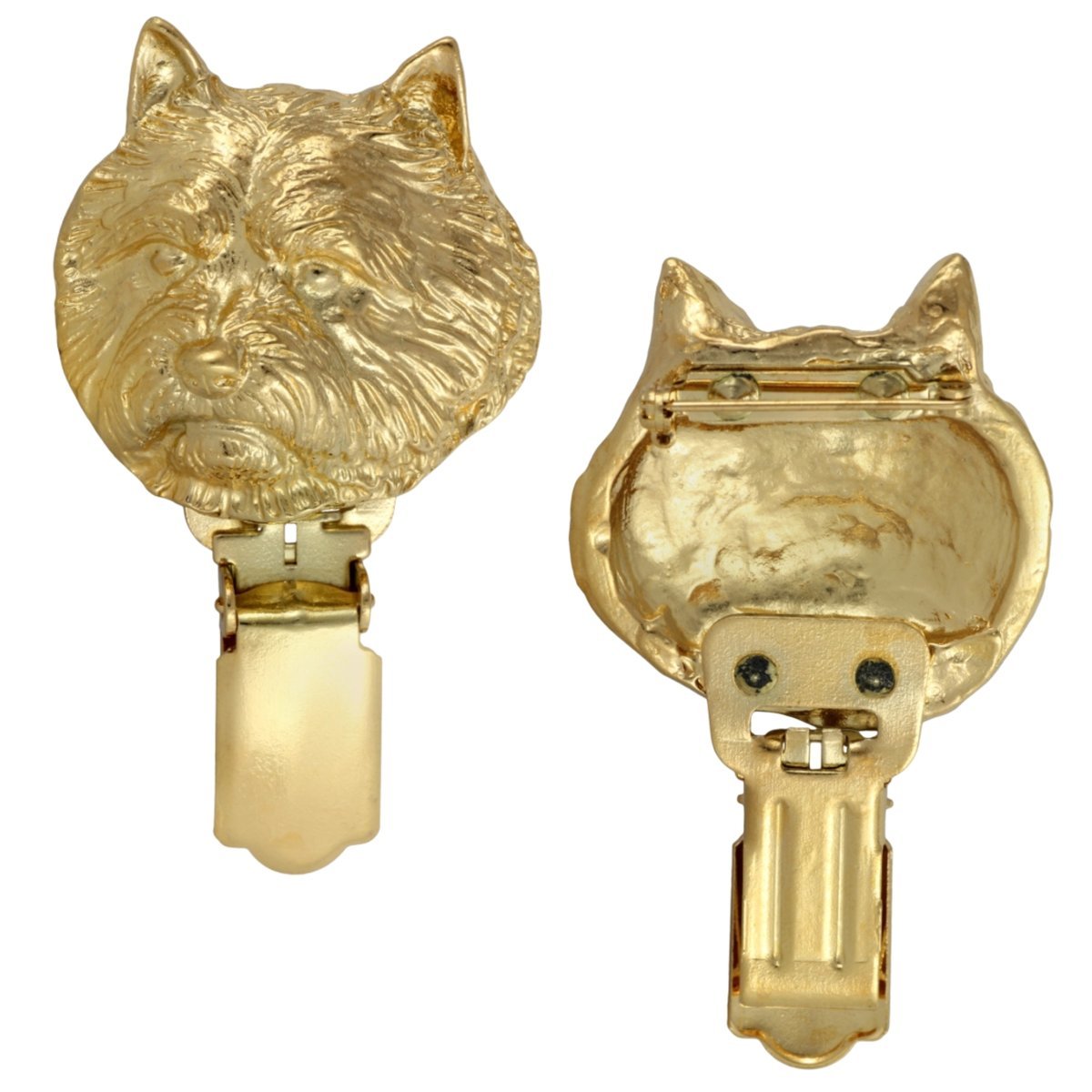Norwich Terrier - broszka z klipsem, pozłacany uchwyt na numer startowy, elegancka przypinka na wystawę psów marki Art-Dog