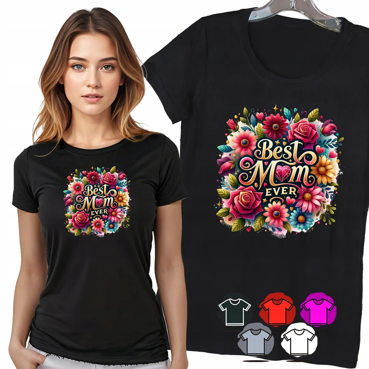 KOSZULKA DAMSKA T-SHIRT - BEST MOM EVER CZERWONE RÓŻE KWIATY WZÓR MODA - XX