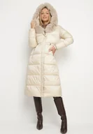 Kurtki damskie - Beżowa Długa Kurtka Puchowa z Pikowanymi Przeszyciami i Kapturem z Futrem Zevea - miniaturka - grafika 1