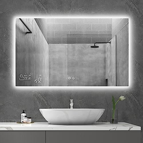 byecold Lustro łazienkowe z oświetleniem LED, 100 x 60 cm, ogrzewanie lustra ze stacją pogodową, WiFi, lustro łazienkowe, ogrzewanie z przełącznikiem dotykowym, poziome