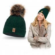 Czapki damskie - Czapka Zimowa Damskie Zielona z Ociepleniem Polar Pompon PaMaMi Butelkowa - miniaturka - grafika 1