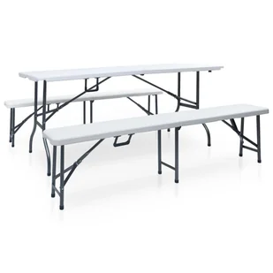 vidaXL Składany stół ogrodowy z 2 ławkami, 180 cm, stal i HDPE, biały - Meble ogrodowe - miniaturka - grafika 1
