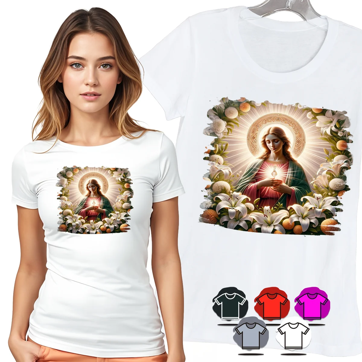 KOSZULKA DAMSKA T-SHIRT - MARYJA SERCE KWIATY WIARA DELIKATNY WZÓR - S