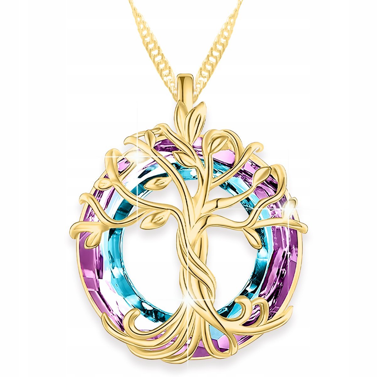 Złoty Naszyjnik z Drzewkiem Kryształ Drzewo Życia Szczęścia SREBRO 925