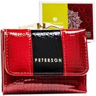 Portfele - Czerwony portfel damski z lakierowanej skóry naturalnej PETERSON mały kompaktowy klasyczna portmonetka na bigiel i zatrzask elegancki prezent ochron.. - miniaturka - grafika 1