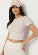 Koszulki i topy damskie - Beżowy T-shirt z Prążkowanego Materiału o Krótkim Kroju Telunna - miniaturka - grafika 1