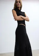 Spódnice - Stradivarius Asymetryczna spódnica midi z koronki Czarny XL - miniaturka - grafika 1