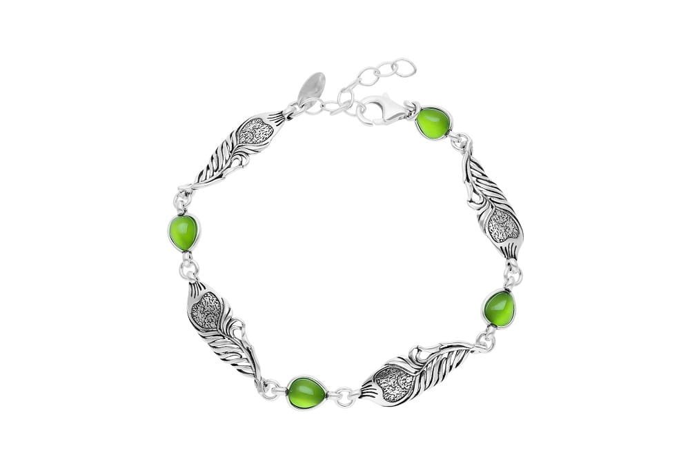 Srebrna bransoletka 925 oksydowana pióra z zielonymi kamieniami