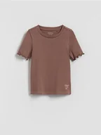 Koszulki dla dziewczynek - Reserved - Prążkowany t-shirt z haftem - beżowy - miniaturka - grafika 1