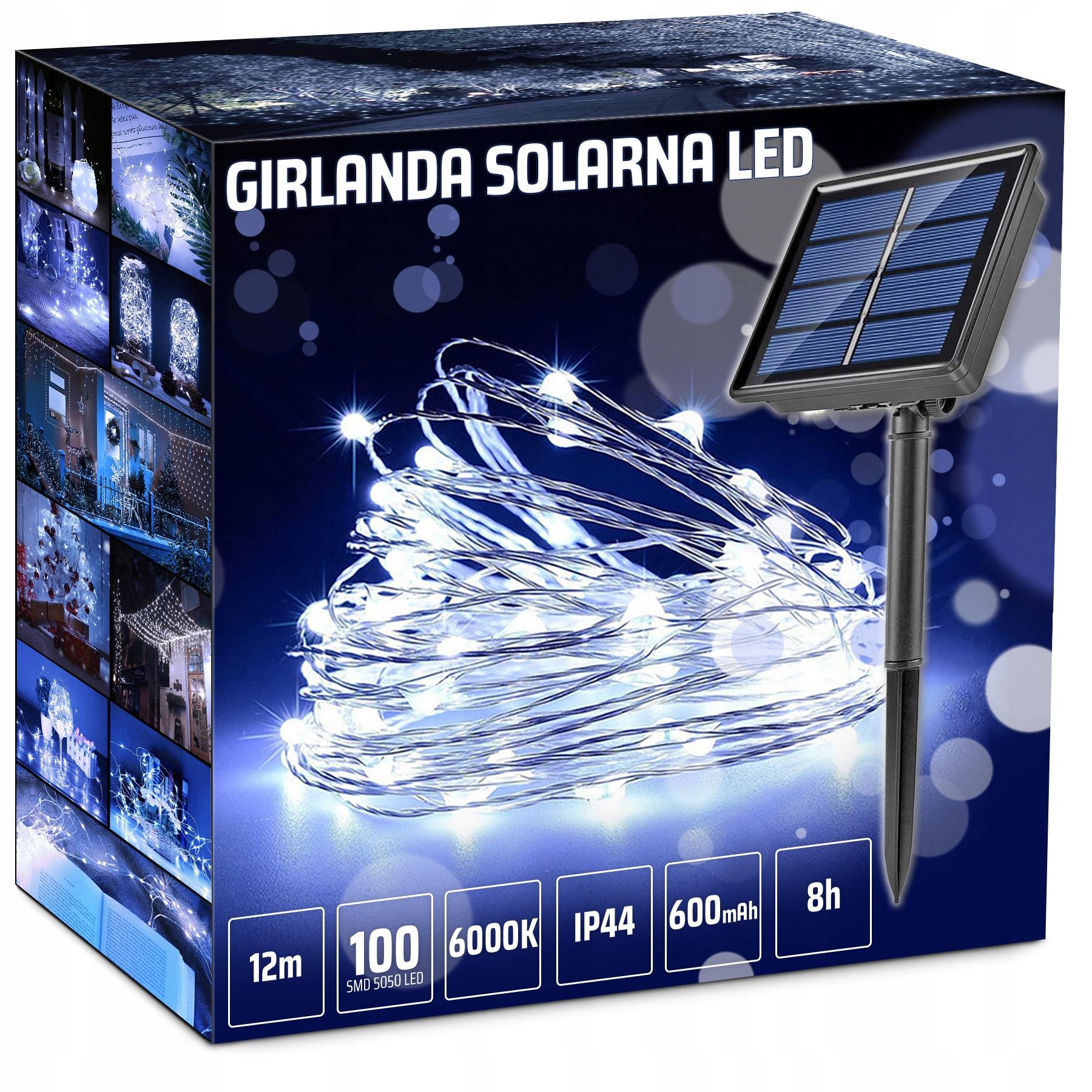 Lampa Solarna Girlanda Ogrodowa 100 Led Zimna 12m