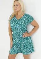 Kombinezony - Zielony Kombinezon w Kwiatki z Gumką w Pasie i Krótkimi Nogawkami Obeda - miniaturka - grafika 1