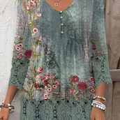 Inne - TEMU Bluzka z Długim Rękawem i Dekoltem w Serek dla Kobiet z Eleganckim Kwiatowym Nadrukiem i Kontrastowymi Koronkowymi Detalami, Miękka Mieszanka - miniaturka - grafika 1