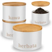 Pojemniki kuchenne - Pojemnik metalowy ROLAND HERBATA z pokrywą bambusową biały - miniaturka - grafika 1