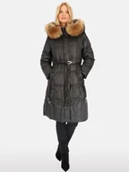 Płaszcze damskie - Długi puchowy płaszcz damski z ozdobnym paskiem M Czarny - miniaturka - grafika 1