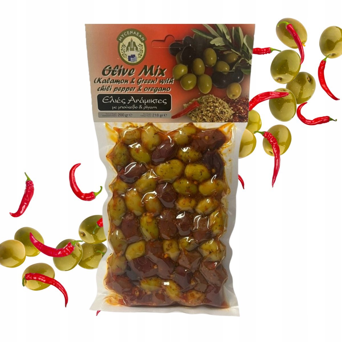 Greckie soczyste oliwki na ostro MIX papryczki chilii i oregano vacum 200g