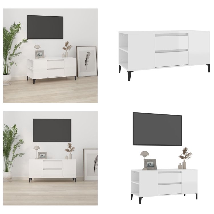 vidaXL Szafka pod TV biały wysoki połysk 102x44,5x50 cm materiał drewnopochodny - szafka pod TV - szafki pod TV - meble pod TV - stojak pod TV
