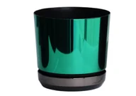 Donice - 21 cm Doniczka DUO dwukolorowa ZIELONA z podstawką CZARNA * nowoczesna * styl glamour * efekt lustra * wysoki lustrzany połysk metaliczna * z drena.. - miniaturka - grafika 1