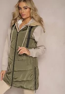 Kamizelki damskie - Ciemnozielona Długa Kamizelka Pikowana Dwustronna ze Sznurkami przy Kapturze Frenila - miniaturka - grafika 1