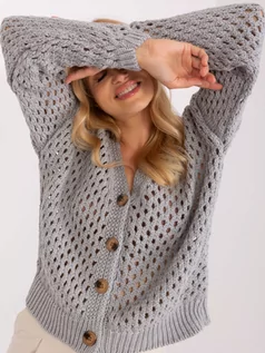 Swetry damskie - Sweter rozpinany szary casual ażurowy dekolt w kształcie V rękaw długi guziki - grafika 1