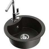 Zlewozmywaki z baterią - Mexen Diego zlewozmywak granitowy 1-komorowy z baterią kuchenną Flora, czarny/złoty metalik - miniaturka - grafika 1