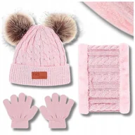 Czapki dla dzieci - Komplet Czapka Dziecięca rękawiczki Zima komin dziecięcy prążek zestaw Pink - miniaturka - grafika 1