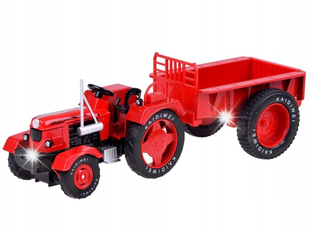 Czerwony Metalowy Traktor z przyczepką Skrętne Gumowe koła 1:18 ZA5202