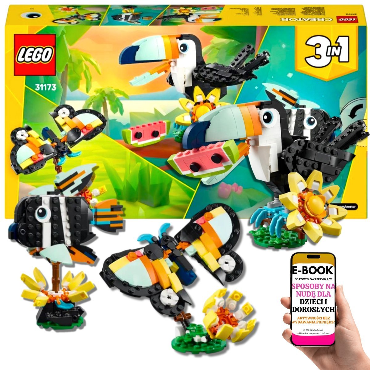 Zestaw LEGO Prezent Creator 3w1 Tukan z ruchomymi skrzydłami + motyl + ryba (31173) Lego Prezent Na Urodziny Święta + EBOOK-3