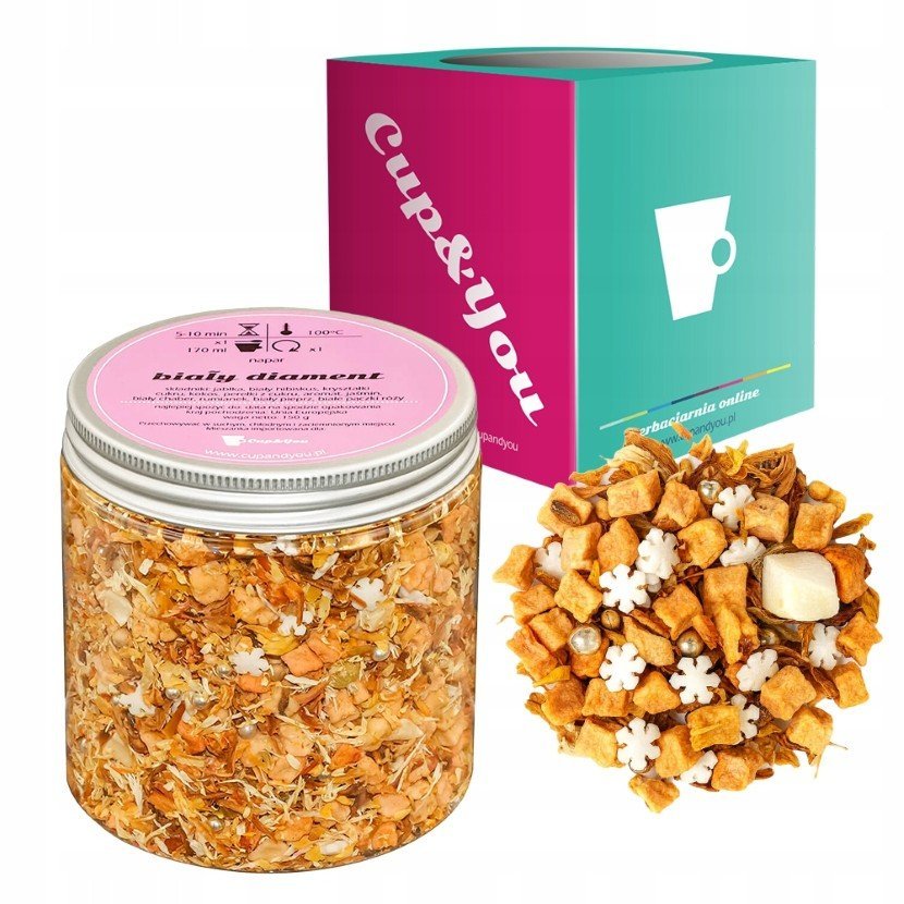 Herbata owocowa BIAŁY DIAMENT jabłka hibiskus kokos perełki z cukru 150g - herbata sypana liściasta napar z suszu PREMIUM na prezent upominek podaru..