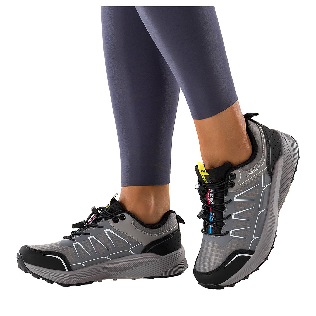 Szare buty sportowe trekkingowe damskie na bieżnikowanej podeszwie z regulowaną elastyczną sznurówką czarne wstawki Casu 7494-7D-38