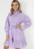 Sukienki - Fioletowa Koszulowa Sukienka z Bufiastym Rękawem i Ażurowymi Wstawkami Staples - miniaturka - grafika 1
