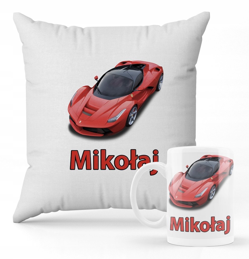 ZESTAW PODUSZKA + KUBEK PREZENT DLA DZIECKA FERRARI AUTO SPORTOWE + IMIĘ #6