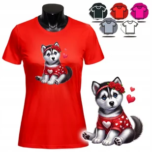 KOSZULKA DAMSKA Z NADRUKIEM T-SHIRT - SŁODKI PIESEK RASA HUSKY RÓŻE - XS - Koszulki i topy damskie - miniaturka - grafika 1