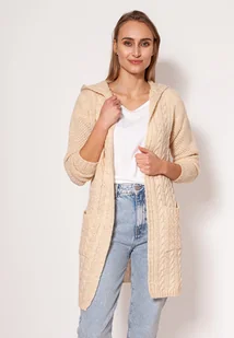 Kardigan z kapturem - PA019 beż MKM - Swetry damskie Kardigan z kapturem - PA019 beż MKM - Swetry damskie - miniaturka - grafika 1