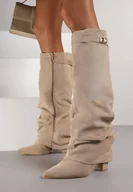 Kozaki damskie - Ciemnobeżowe Kozaki na Słupku z Marszczoną Cholewką Imitującą Nogawkę Rittia - miniaturka - grafika 1