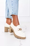 Mokasyny damskie - Mokasyny ecru na słupku ze złotym łańcuchem POLSKA SKÓRA Casu 20115 - miniaturka - grafika 1