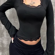 Bluzki damskie - TEMU Elegancka bluzka z dﾅＶgim rﾄ冖awem i koronkﾄ� dla kobiet - stylowa jednolita kolorystyka, dopasowana do sylwetki z detalami w koronkﾄ� kwiatowﾄ�, - miniaturka - grafika 1