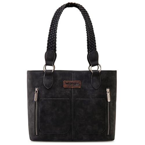 Wrangler Tote Bag for Women Multi Pockets shoulder bag western purse Medium leather like Handbags with Woven Top-Handle WG78-G8317BK
