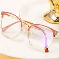 Okulary korekcyjne, oprawki, szkła - Damskie okulary Kocie Oczy zerówki do komputera BLUE LIGHT na teleskopach 25110E Brudny Róż/Złoty - miniaturka - grafika 1