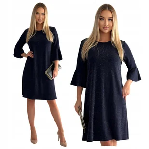 ŚWIECĄCA GRANATOWA SUKIENKA FALBANKI MIDI BROKAT SYLWESTER GLAM ROZMIAR 48 - Sukienki - miniaturka - grafika 1