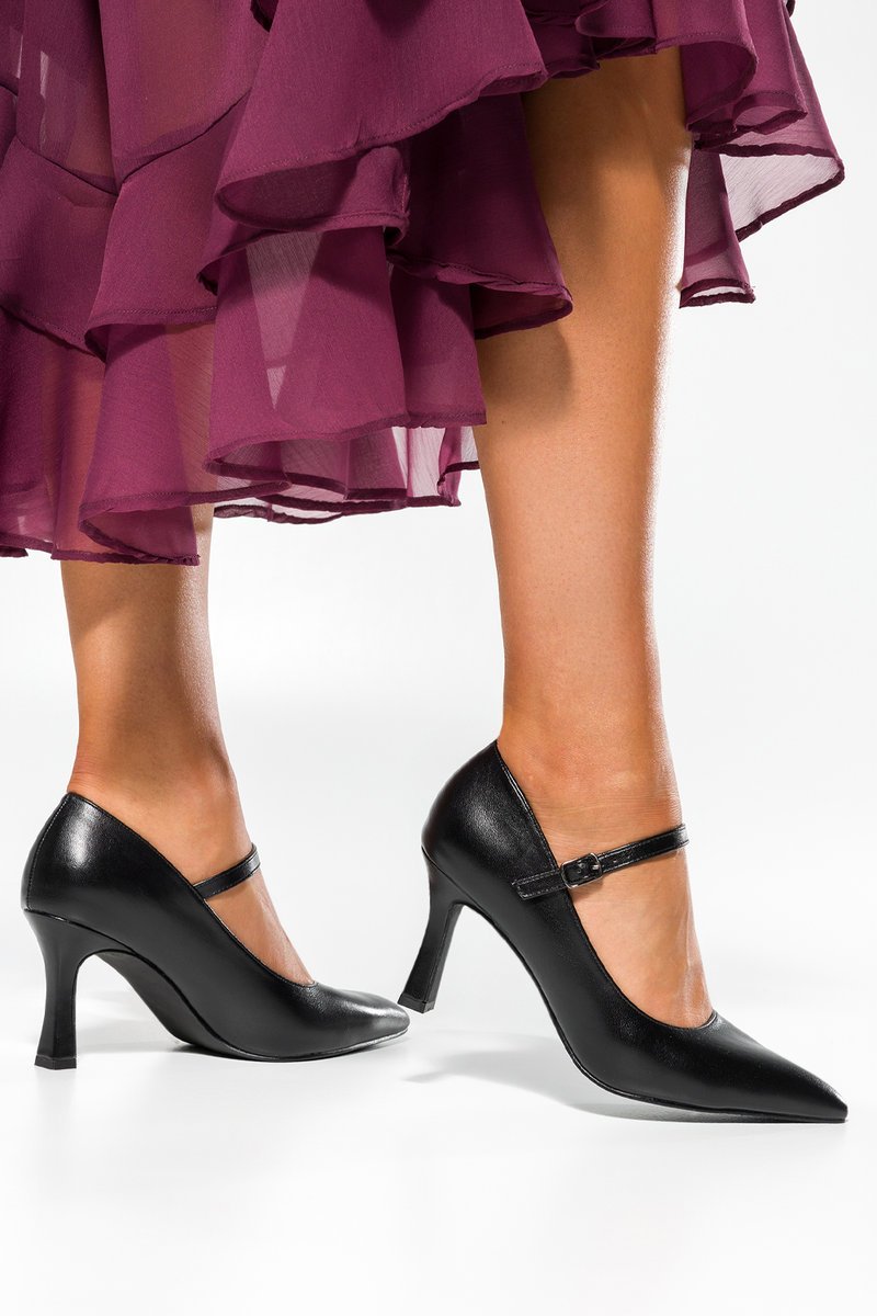 Czarne szpilki damskie Mary Jane ze skórzaną wkładką obcas kieliszek Casu JW24X13-B-40