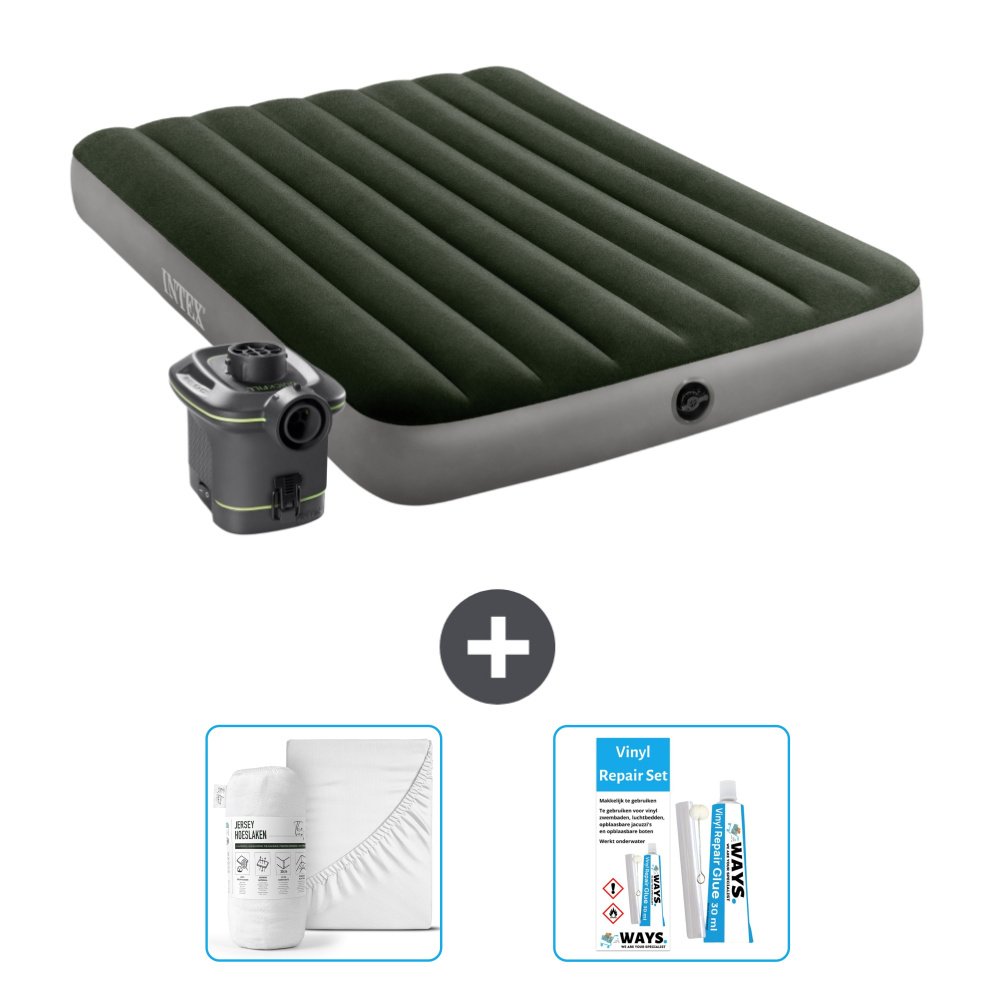 Intex Airbed - Podwójne łóżko - 137 x 191 x 25 cm - Zielony - W zestawie pompka - prześcieradło i zestaw naprawczy